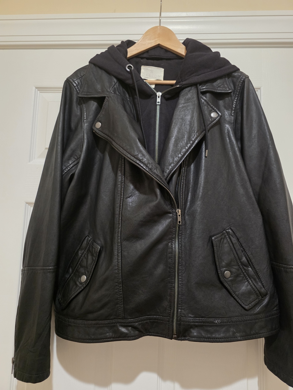 Caslon Black Leather Jacket with Hooded Insert - Moto Style - Picture 2 of 4